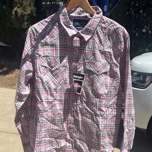 Wrangler Women's Pink and Gray Plaid Blouse
